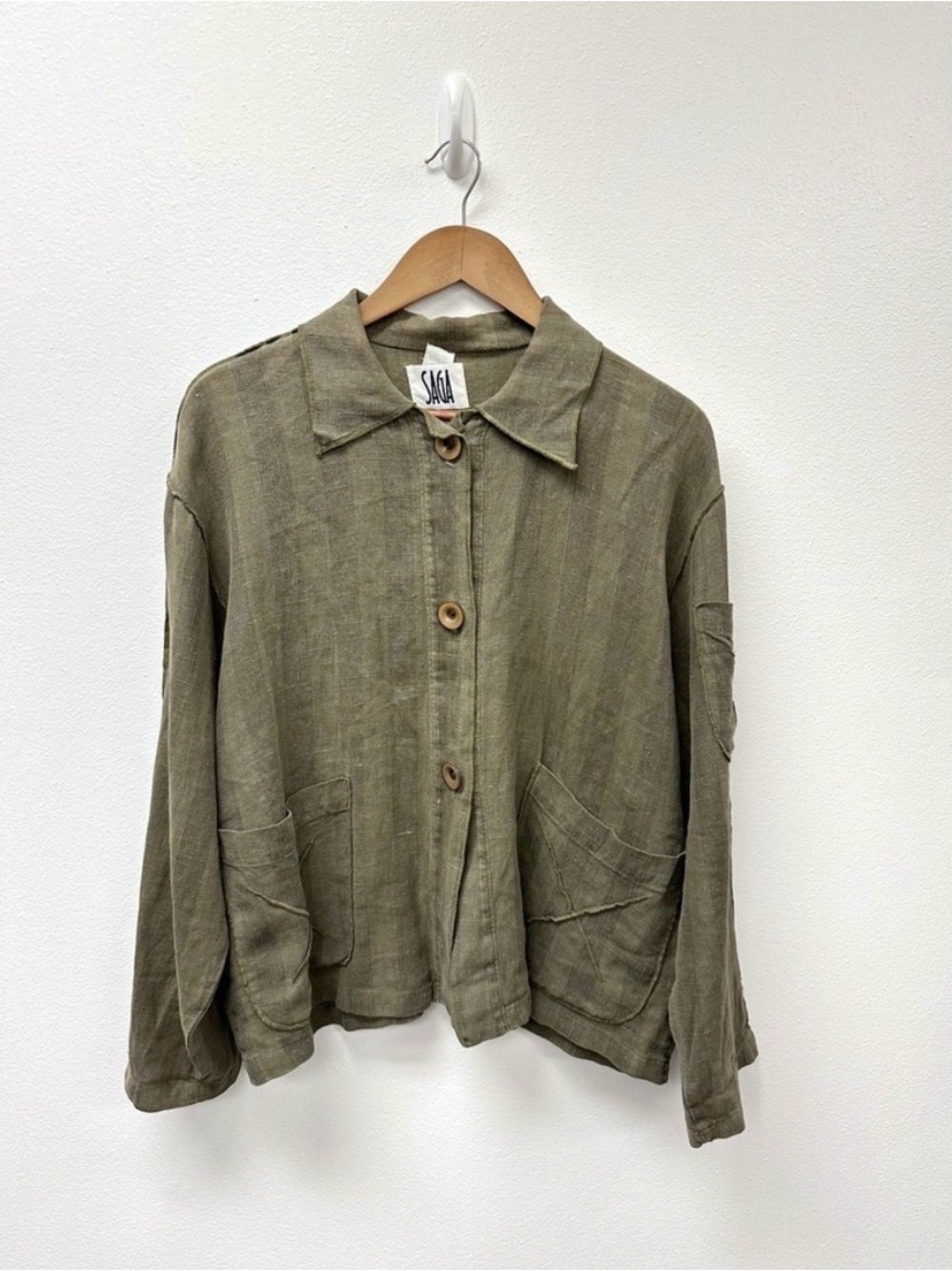 Vintage SAGA Linen Lagenlook Button Front Shacket Green M